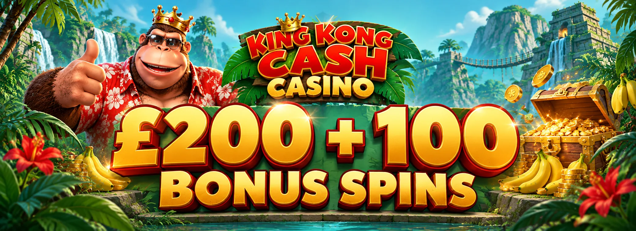 100% up to £200 plus 100 bonus spins on King Kong Cash